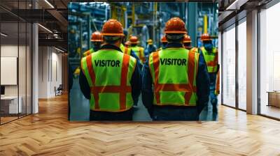 Visitors wearing appropriate safety gear such as hard hats and highvisibility vests at an industrial site are demonstrating the importance of workplace safety during guided factory tours for all Wall mural