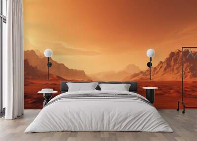 Wide panorama of mars - the red planet - landscape with mountains and impact crater during sunrise or sunset - 3D illustration. High quality photo Wall mural