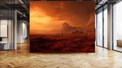 Wide panorama of mars - the red planet - landscape with mountains and impact crater during sunrise or sunset - 3D illustration. High quality photo Wall mural