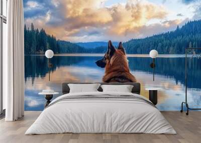 A dog is sitting on a dock by a lake, looking out at the water. The scene is peaceful and serene, with the dog's gaze focused on the horizon Wall mural