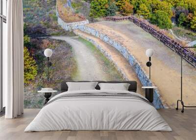 Aerial view of Gomosan fortress wall in South Korea on sunny fall day. Wall mural