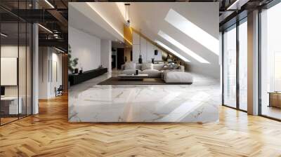 3D of Modern white and dark yellow attic design with elegant marble floor  Wall mural