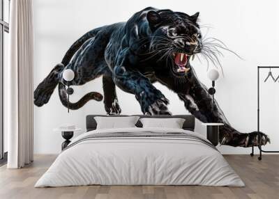 a black panther pounce with sharp claws and roared isolated on white background  Wall mural