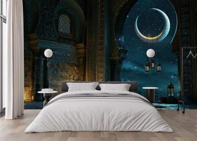 beautiful mosque image, crescent moon and islamic lantern with light  Wall mural