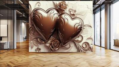 beautiful two brown hearts love line with floral isolated on elegant ornaments  Wall mural