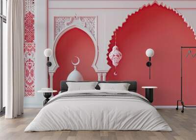 Carmine islamic ornament wallpaper desktop with white realistic mosque and islamic lantern floating on top  Wall mural