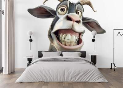 cute cartoon of goat smiling with white teeth and dental braces isolated on a white background  Wall mural