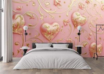 elegant pink curved wallpapers with gold love heart and floral pattern  Wall mural