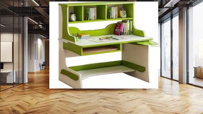 elegant white and green wooden kids study desk with bookshelf two tier isolated on white background  Wall mural