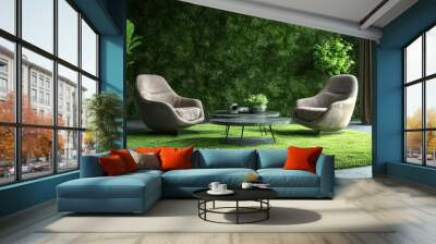 green modern family room with luxury chairs floor, elegant table floor and green synthetic grass floor  Wall mural