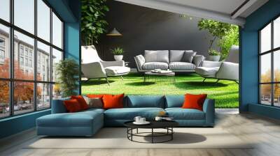 grey modern family room with luxury chairs floor, elegant table floor and green synthetic grass floor  Wall mural