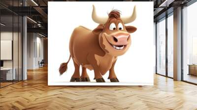 happy cute brown cow cartoon smiling with white teeth isolated on white background, side view  Wall mural