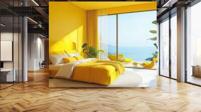 high resolution view of luxury yellow hotel room with banana modern set of bed and beautiful view balcony, interior design of 5 star room hotel  Wall mural