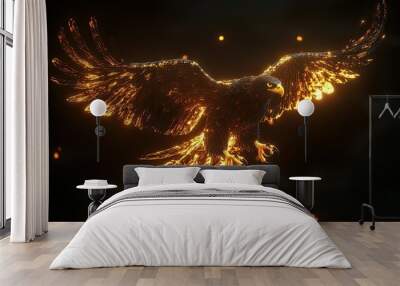 illustration 3D beautiful glowing glass golden eagle flying spread the wings and opening claws with light on dark background  Wall mural