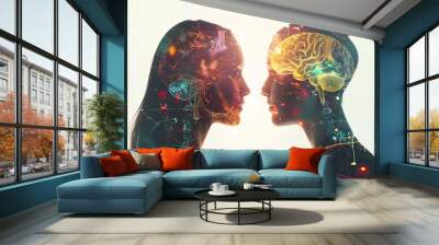 illustration of two people connection face to face with glowing brain on whit background  Wall mural