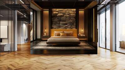 interior design natural hotel bedroom with stacked stone and bamboo panels wall, dark yellow wooden bed with soft royal carving and elegant wooden floor  Wall mural