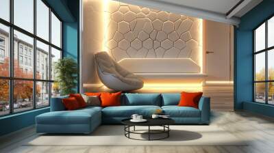 interior design of modern white sofa in home entryway with glowing light brown honeycomb wooden  Wall mural