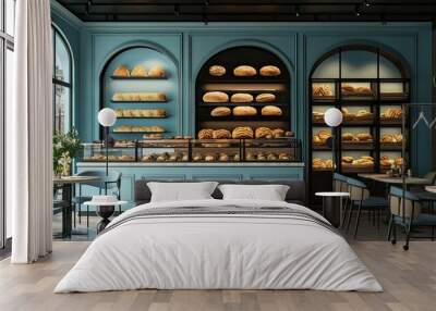 light blue and black modern bakery coffee shop with different breads in elegant display case and set of table and chair  Wall mural