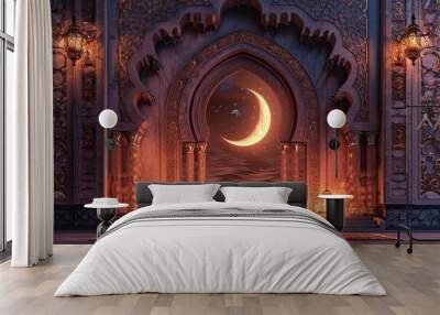 luxury brown mosque image, crescent moon and islamic lantern with light Wall mural