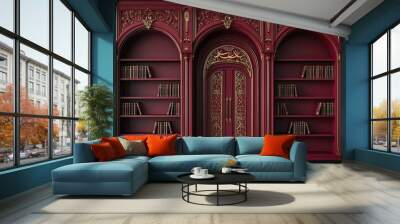 luxury crimson empty wooden bookshelf with gold arabic door ornament  Wall mural