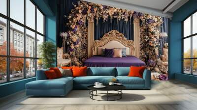 luxury dark purple and gold bridal room decoration with modern bed, beautiful flowers and elegant royal carving  Wall mural