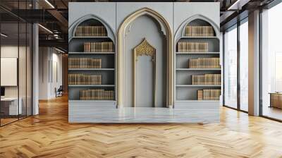 luxury light grey wooden bookshelf with gold arabic door ornament on white background  Wall mural