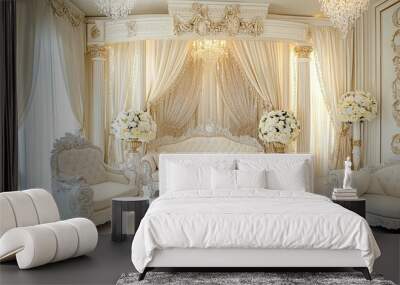 luxury white and cream bridal room decoration with beautiful flowers and elegant royal carving  Wall mural