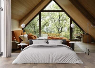 modern orange attic bedroom with elegant sloping wooden walls, minimalist bedside tables and glass windwos with natural green view  Wall mural