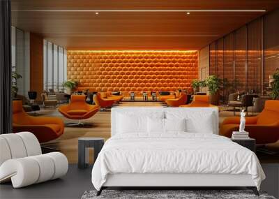 modern vip airport lounge with luxury orange armchairs, elegant pllum leather wall and beautiful wooden floor  Wall mural