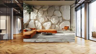 natural living room with natural irregular flagstone wall and floor by orange and white color  Wall mural