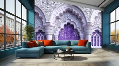 purple arabic frame arc mosque window with modern ornament and border on white background  Wall mural