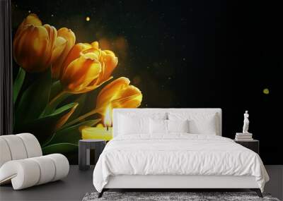 transparent glowing golden tulips with burn candle on black background  Wall mural