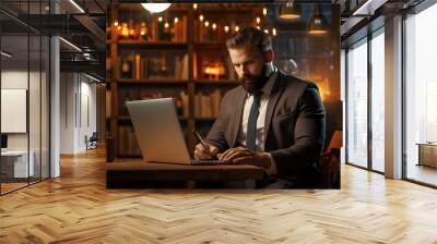 businessman working on laptop in cafe Wall mural