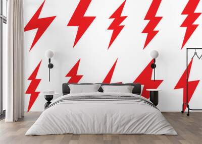 set of red lightning bolt, electric thunderbolt, lightning strike, dangerous symbol element vector illustration. Wall mural