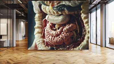 A cross-sectional view of the digestive system, displaying each organ in a realistic style, with detailed textures and lighting that emphasize anatomical accuracy. Wall mural