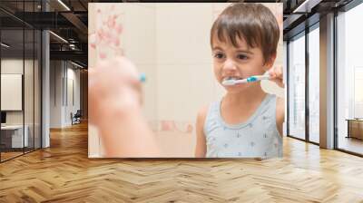 A European boy brushes his teeth looking at his reflection in the mirror. Wall mural