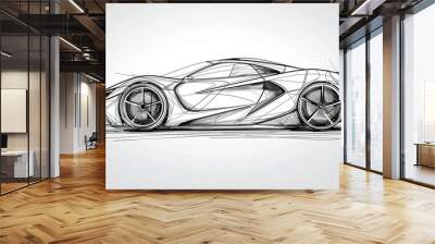 a  sport car captured in a vector black line illustration, isolated against a pure white background. Wall mural