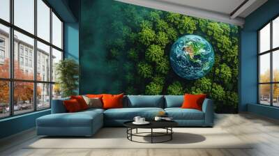 Aerial top view green forest with earth, Green planet in your hands, Save Earth, Texture of forest view from above ecosystem and healthy environment, earth day, Generative Ai  Wall mural