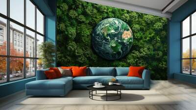 Aerial top view green forest with earth, Green planet in your hands, Save Earth, Texture of forest view from above ecosystem and healthy environment, earth day, Generative Ai  Wall mural