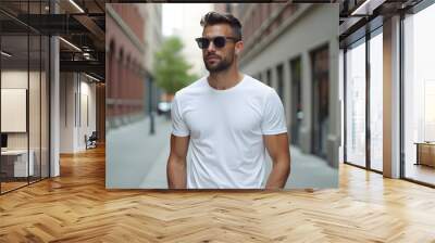 Casual white t-shirt man in the city apparel shoot Wall mural