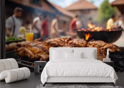 photos of a barbecue with meat in the background of a blurred group of people Wall mural