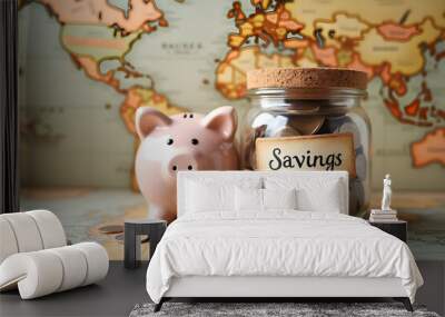 Piggy Bank and Jar of Coins on Vintage Map Background Wall mural