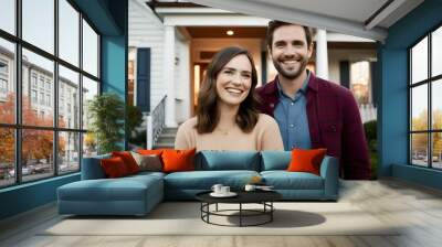 portrait of smiling happy couple in front of house Wall mural