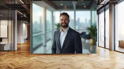 portrait of successful businessman consultant looking at camera and smiling inside modern office building Wall mural