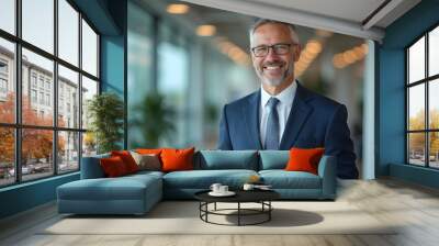 portrait of successful businessman consultant looking at camera and smiling inside modern office building Wall mural