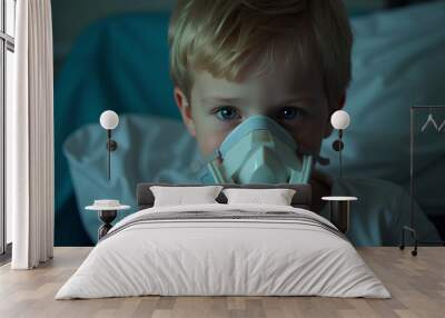 realistic photo very sick boy who keeps respirator lungs, blows air out of the inhaler Wall mural