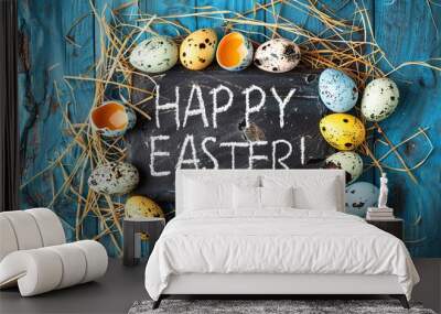 colorful happy easter background with eggs around , Generative Ai  Wall mural