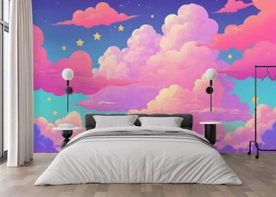 Kawaii Fantasy Pastel Colorful Sky with Clouds and Stars Background illustrations Generative ai Wall mural