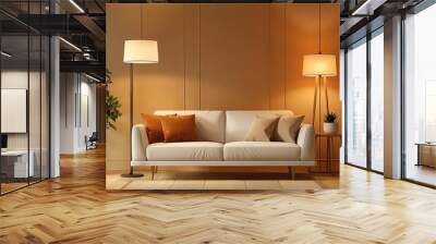 living room as a whole is dominated by warm colors, creating a warm and comfortable atmosphere 2. A floor lamp is placed in one corner of the living room, emitting soft light , Generative Ai  Wall mural