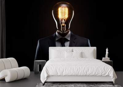 Man wearing suit and a big bright lightbulb as his head Wall mural